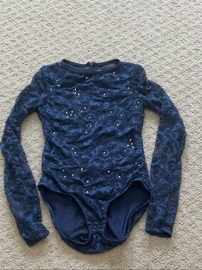 Girls Navy Lace Long-Sleeve Dance Leotard with Sequin Accents 0512